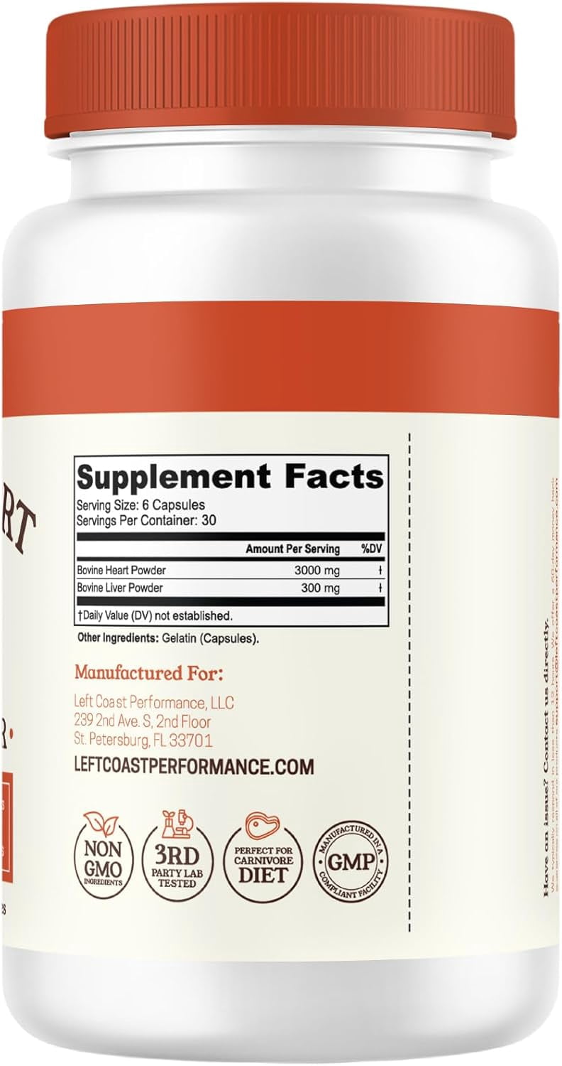 Left Coast Performance Grass Fed Beef Heart & Liver Supplements with Co10 & Iron, 180 Capsules