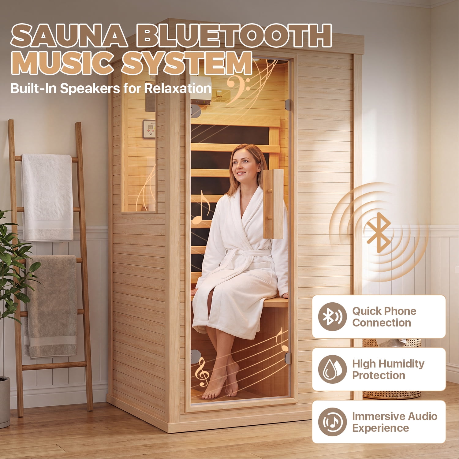 BaPiPro Infrared Sauna, 1-Person Home Far Wood Sauna, Canadian Hemlock Dry Sauna Spa Room with Low EMF Carbon Fiber Panels, Indoor Sauna with LED Light & Bluetooth Speaker