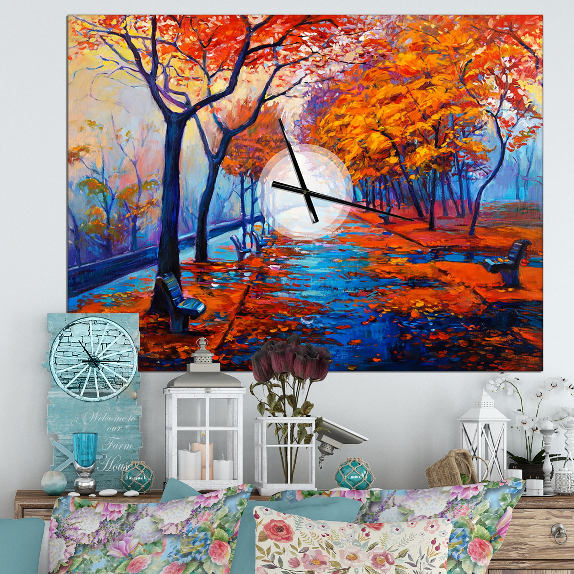 Designart 'Autumn Park in Golden Sunset' Landscapes wall clock