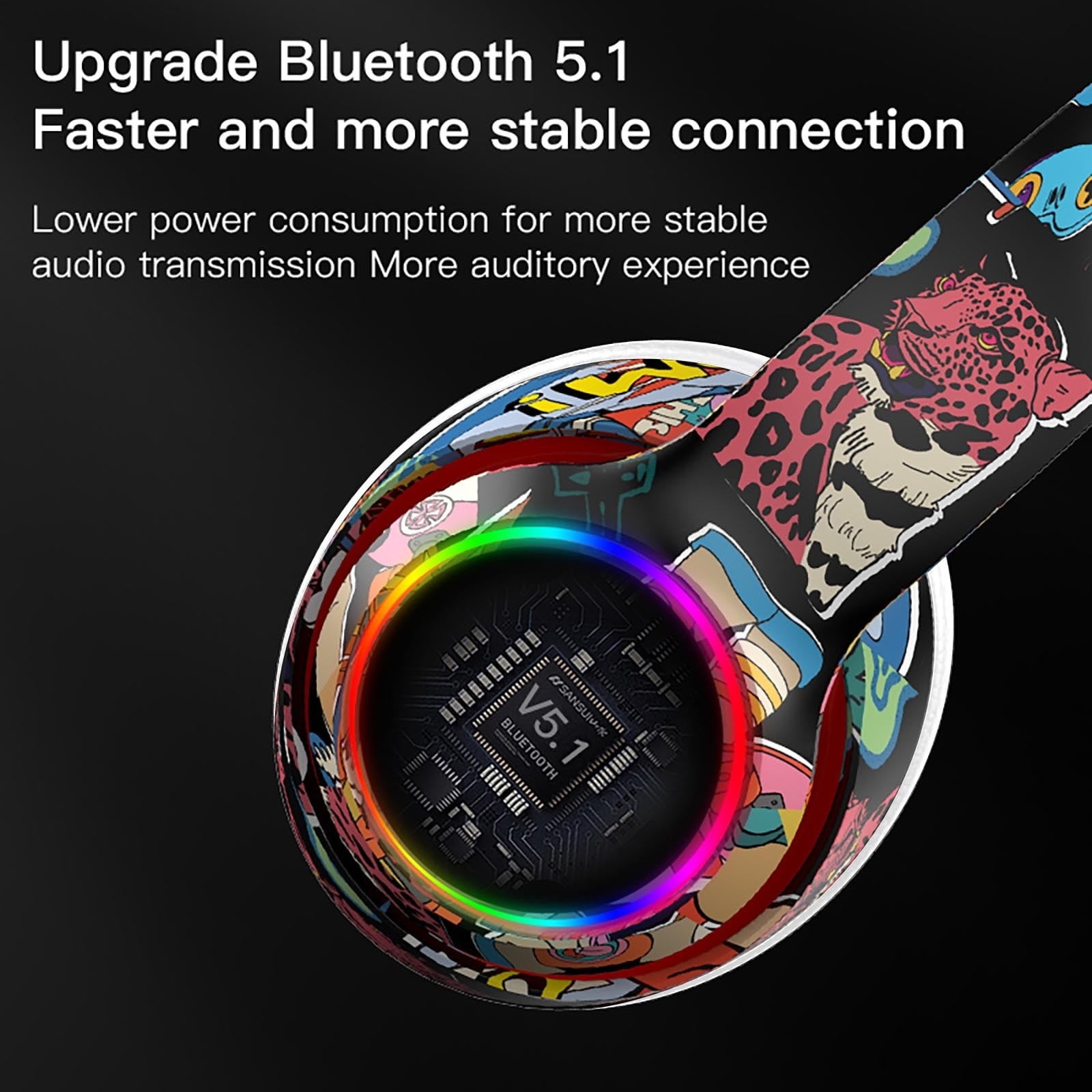 Cool Graffiti LED Wireless Gaming Headset - Bluetooth 5.1 Over-Ear Headphones with Mic for Xbox/PC, RGB Lights & 8H Playtime - Great Gift for Teens