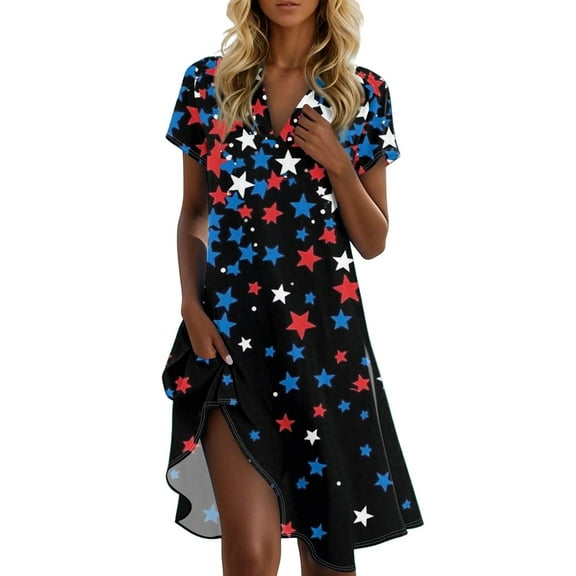 Women's Patriotic Short Sleeve V-Neck Summer Dress, American Flag Star & Stripe Print Casual Stand Collar Dress for 4th of July ,Black L