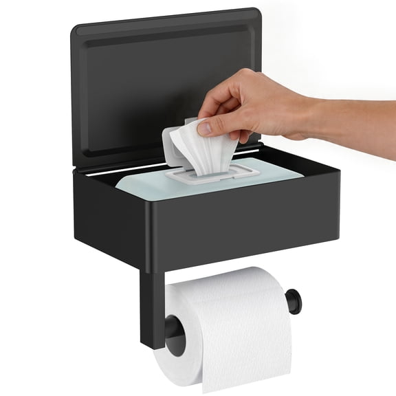 TVOFEK Toilet Paper Holder Wall Mount with Shelf, Stainless Steel Hidden Flushable Wipes Dispenser for Bathroom Sanitary Napkins, Tampons, Matte Black