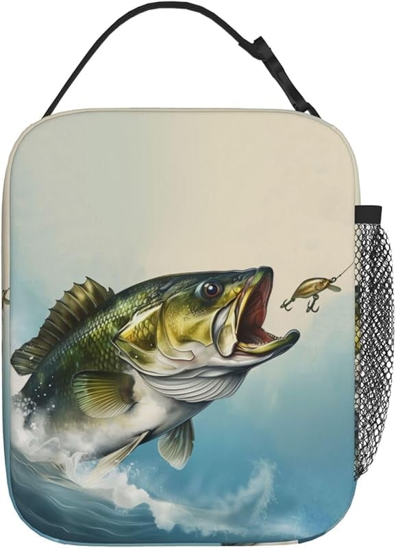 Bass Fish Lunch Box Bass Fish Jumps out of Water Lunch Bag Insulated Reusable Portable Fishing Lunch Tote Cooler Bag for Women Men Teens, Office Work Travel Lunchbox