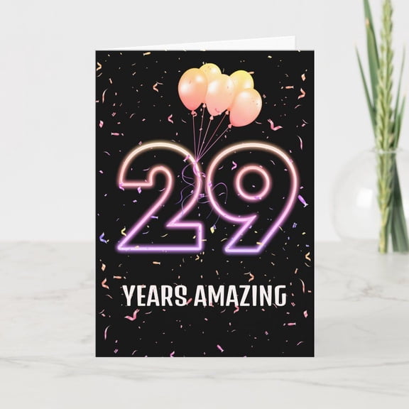29 Years Amazing Birthday Card with Balloons and Confetti – Fun Neon Design for Celebrating Milestones – Blank Inside, Envelope Included