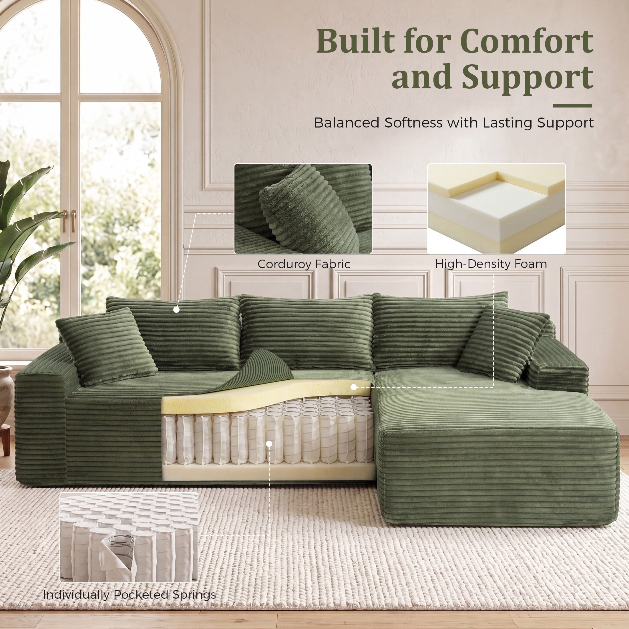 Aenkyo 95 Inch Corduroy L-Shaped Modular Sectional Sofa, Right Chaise, Green