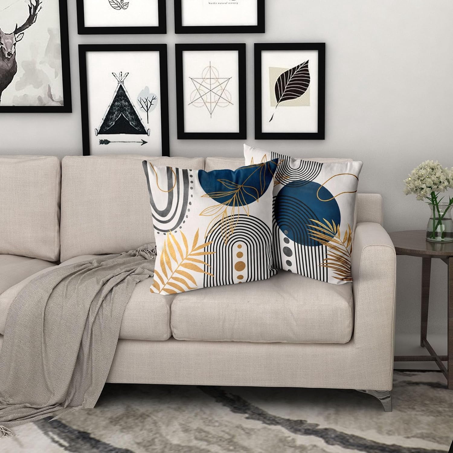Blue and Grey Boho Pillow Covers Set of 4 18x18 Inch Abstract Geometric Pillow Covers for Mid Century Modern Decor on Sofa Bed Living Room Couch Stylish and Functional