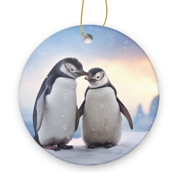 Cute Penguins In Love And Standing on The Ice - Christmas Ornament Xmas Keepsake Ceramic Ornaments Holiday Decorations for Tree Christmas Gift Ideas 2.95in