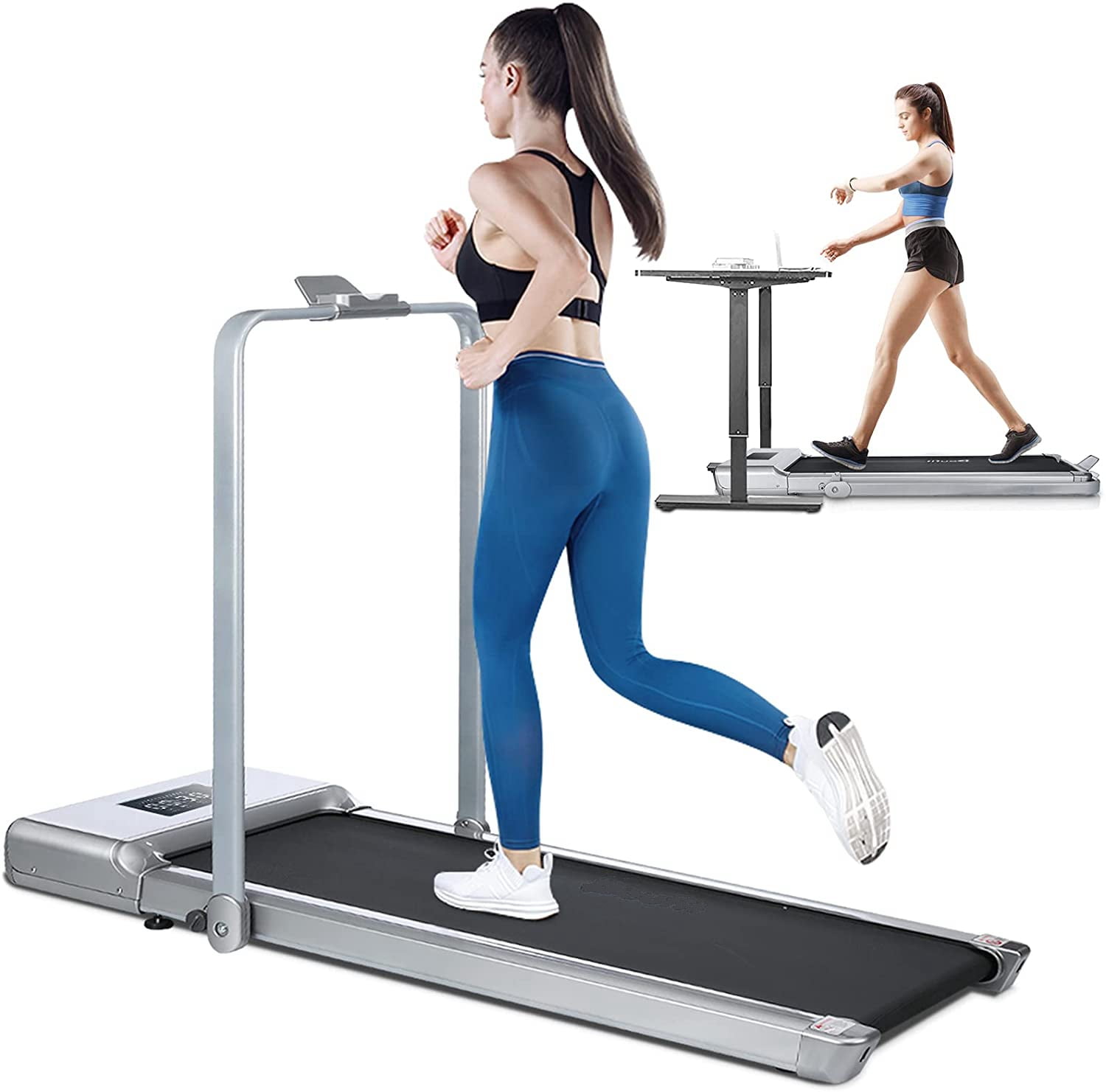 UMAY Portable Treadmill with Foldable Wheels Sports App Under Desk Walking Pad Flat Slim Treadmill Jogging Running Machine for Home/Office Installation-Free Remote Control 