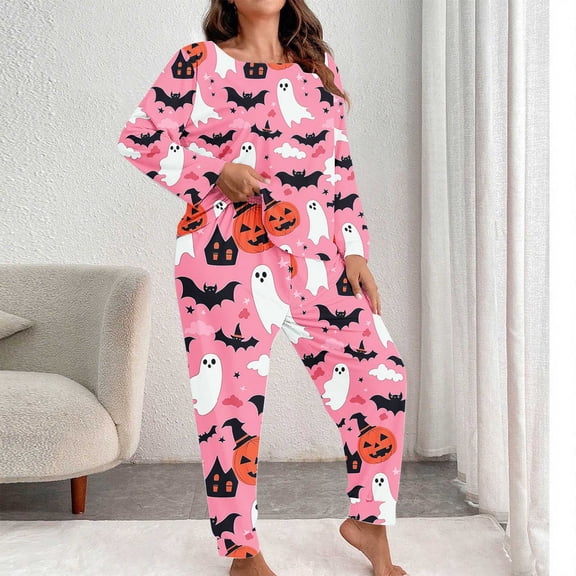 Halloween Plus Size Women's Pajama Set Pumpkin Ghost Bat Print Long Sleeve Crew Top Elastic Cuff Jogger Pants Soft Breathable Festive Night Loungewear, Ladies Pajamas Sets Pink a XXXXXL
