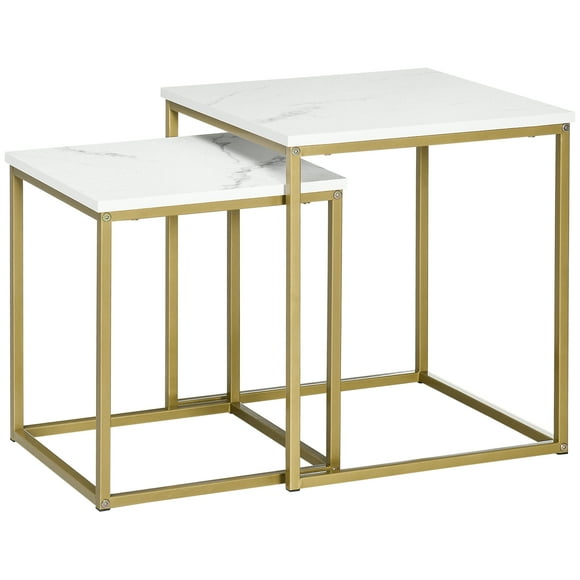HOMCOM Modern Square Nesting Coffee Table Set with Faux Marbled Top and Metal Frame, White