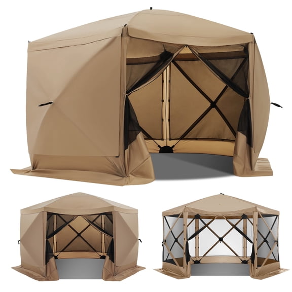 HOTEEL 12x12 Pop-up Gazebo EZ Set-up Camping Canopy Tent with 6 Mosquito Nettings, Sidewalls, Wind Panels for Shade and Rain for Lawn, Garden, Backyard & Deck, Khaki