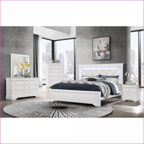 Bedroom Furniture Set, Queen 5-Piece Shaker White with LED Lighting & Crystal Tufted Headboard | White | Solid Wood MDF