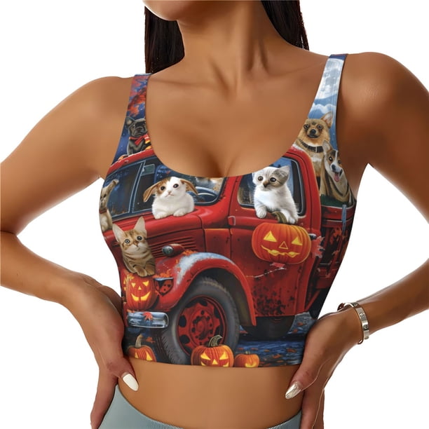 Fotbe Halloween Pets Pumpkins Sujetador Deportivo Largo sin Aros para Mujer con Almohadillas y Soporte Medio, Transpirable y Absorbente, Camiseta Tipo Chaleco o Tank Top-XX-Large