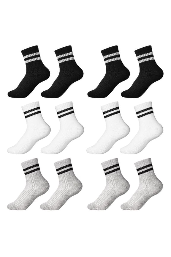 6 Pairs Kids Cotton Socks,Boy Crew Socks,Kids Sports Cushioned Crew Socks,Casual Stripes Socks,Mid Cut Ankle Socks for Boys Girls 3-12 Year Old(L)