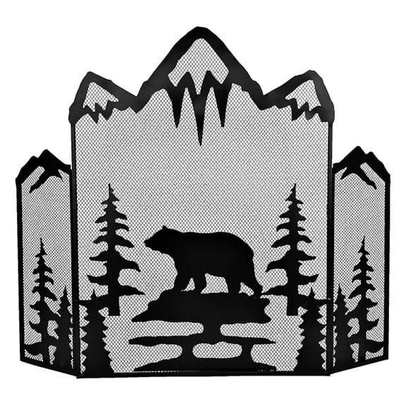 3-Panel Fireplace Screen Decorative with a Bear - Stand Alone Fireplace Cover Metal Mesh Screen - Home Decorative Firescreen for Cabin, Wildlife, and Woodland Theme