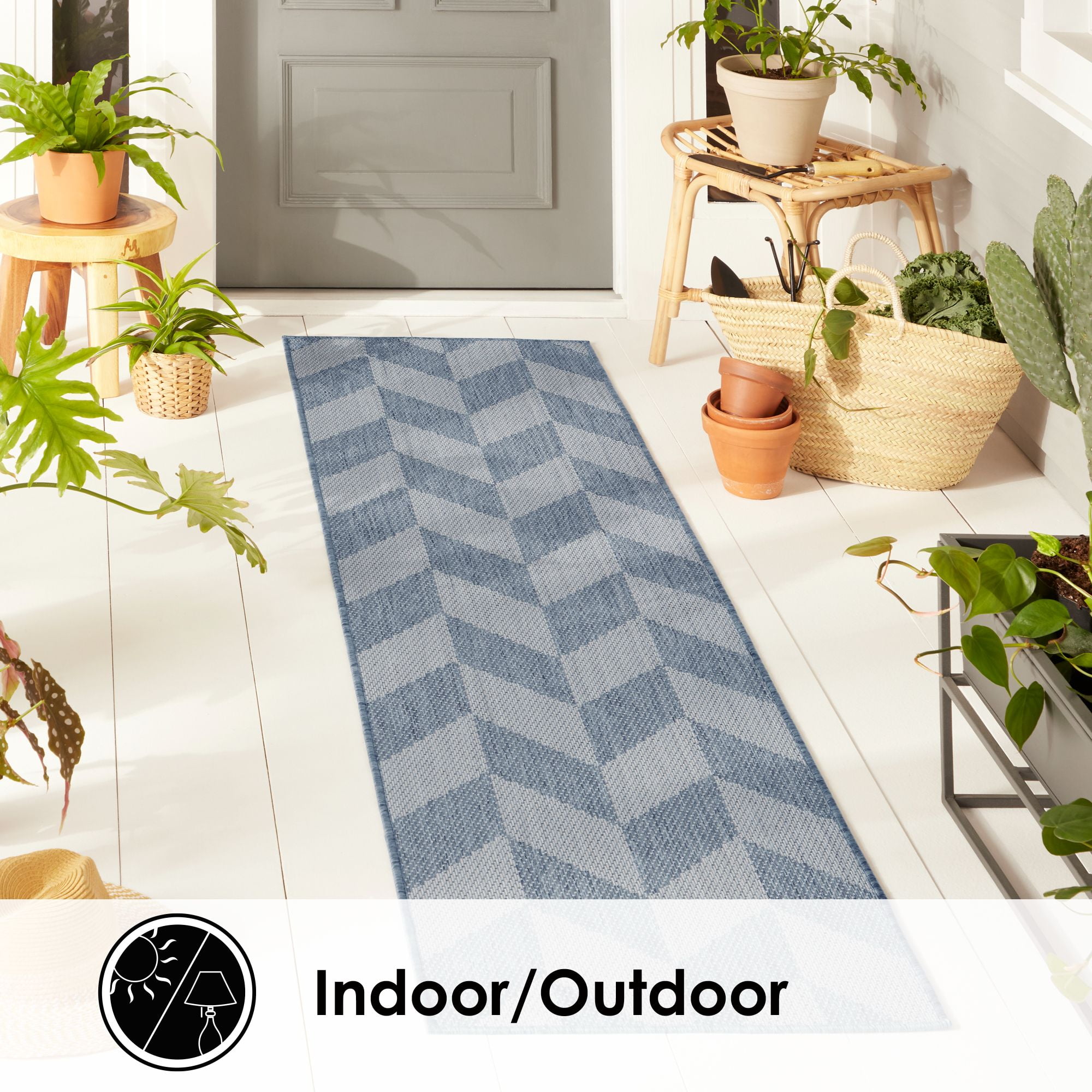 Nicole Miller New York Patio Country Calla Contemporary Herringbone Indoor/Outdoor Runner Area Rug, Blue/Grey, 1'9"x7'2"