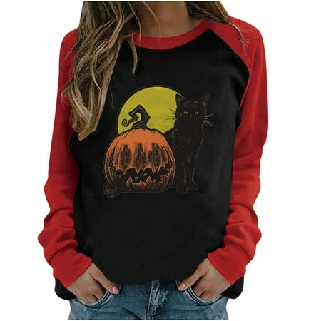 

Moxiu Women Halloween Shirt Cute Pumpkin and Cat Printed Sweatshirt Casual Long Sleeve Round Neck Pullover Tops Casual Patchwork Plus Size Blouse