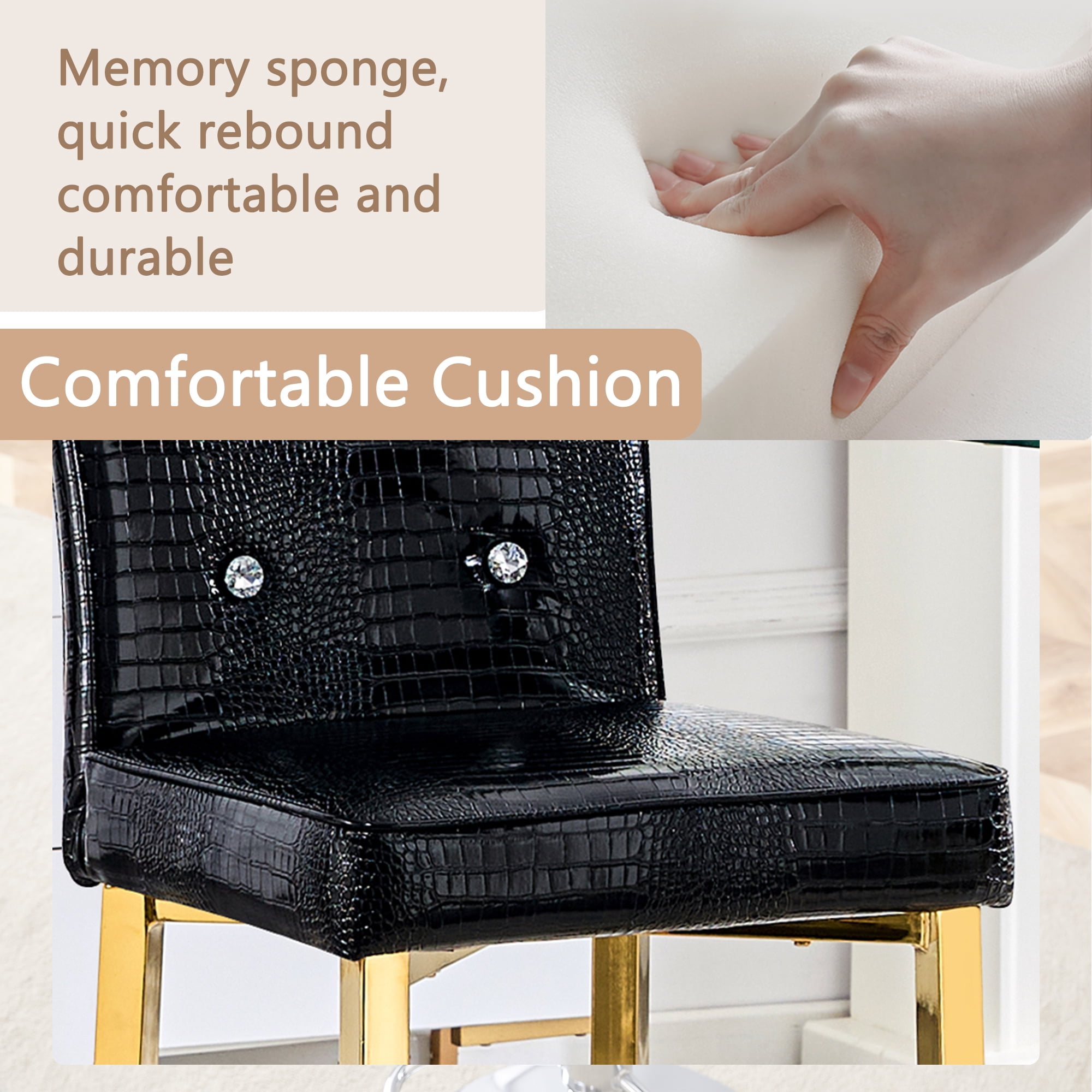Alvantor Bar Stools Set of 2 Vintage Leather Bar Stools with Crystal Clasp Counter Stool Chairs for Kitchen Island Black