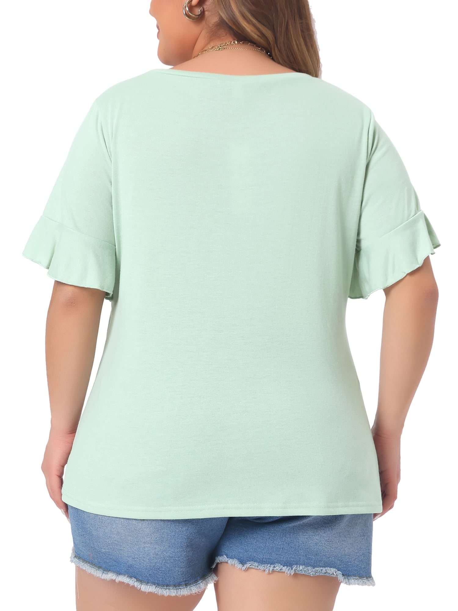 DARING DIVA Women's Plus Plain Crew Neck Ruffle Short Sleeves Blouse 4X Mint Green