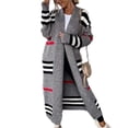 thumbnail image 2 of Women's Vintage Open Front Knit Striped Long Sleeves Maxi Long Cardigan Sweater with Pockets Grey M, 2 of 6