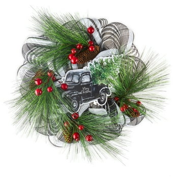 Holiday Time 20 inch Black Truck Mesh Christmas Wreath
