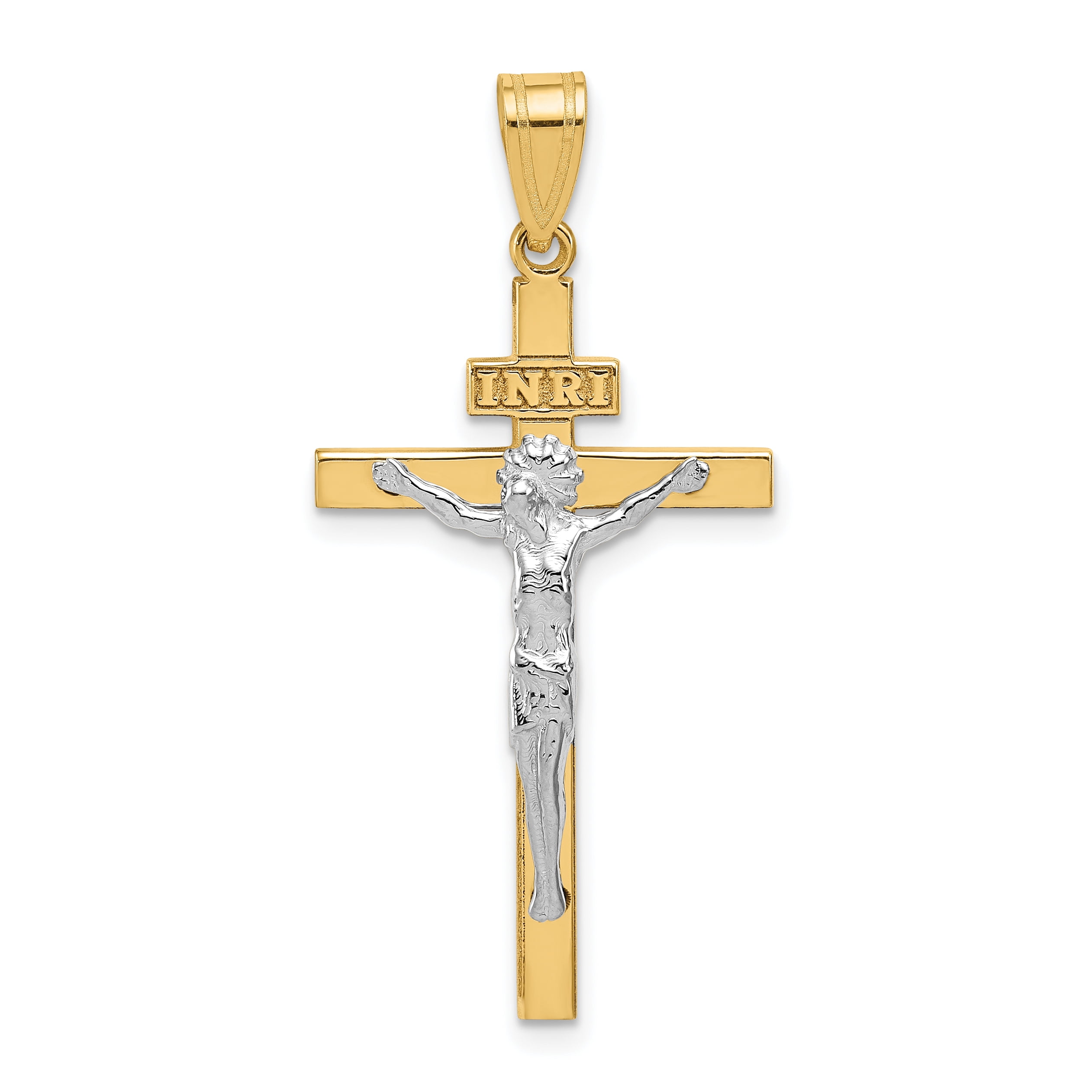 14k Two Tone Yellow Gold Crucifix Cross Religious Pendant Charm Necklace Latin Fine Jewelry Gifts For Women For Her