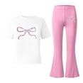 thumbnail image 6 of LRen Girls Outfits Size 10-12, Girl's 2 Piece Bow Print Outfit Short Sleeve Graphic Tees Shirt and Flare Pants Cozy Clothes Set,Pink,11-12 Years, 6 of 6