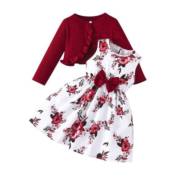 CPNG Girls Dress Outfits Floral Print Sleeveless Vest Dress and Solid Color Long Sleeve Ruffle Cardigan 2 Piece Set(Red,2-3 Years)