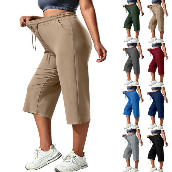 Hfnxid Plus Size Capris Pant for Womens Loose Fit Elastic Waist Workout Trousers Casual Athletic Cropped Trouser Beige XL
