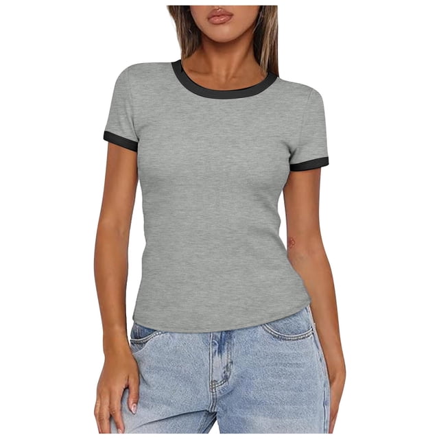 YDLCAFD Plain T Shirts for Women Women Summer Short Sleeve Shirts Crewneck Striped Color Block T Shirts Slim Fit Ribbed Knit Basic Tee Tops