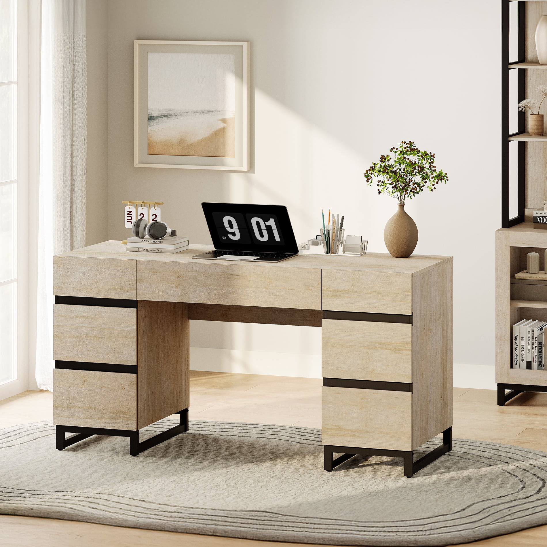 WAMPAT Home Office Furniture Set: 59in Modern Executive Desk with Charging Station & Drawers and Three 72in Tall Bookcases with Storage Cabinet, Home Office Furniture for Living Room, Beige