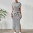 thumbnail image 2 of Lenpel Women's Summer Bodycon Dresses Striped Cap Sleeve Crew Neck Tie Side Split Slim Midi Dress Casual Pencil Dresses, 2 of 7