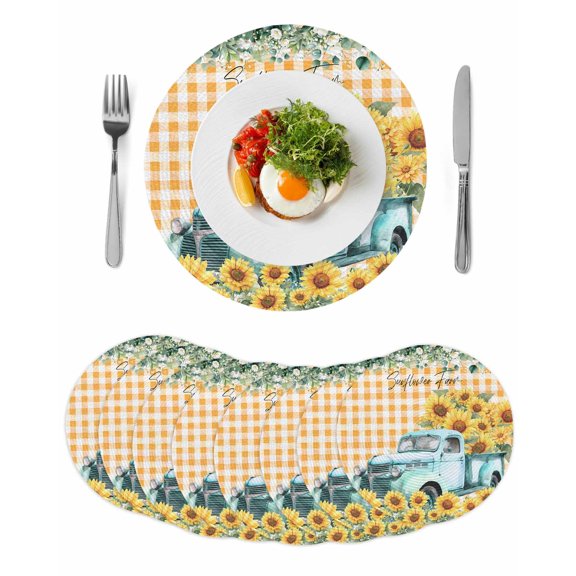 Sunflowers Trucks Round 13 Inch Placemats Set of 8, Spring Farmhouse Eucalyptus Orange Plaid HeatResistant Non Slip Place Mats for Dining Table, Wipeable Braided Kitchen Table Mats for Housewarming