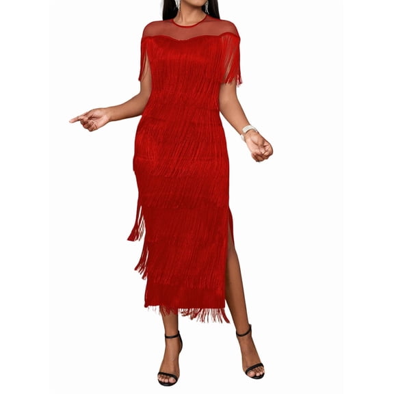 Women'S Plus Size 1920s Flapper Dress Sleeveless Deep V Neck Fringe All over Tassel Tiered Prom Party Midi Dress Red S