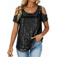 thumbnail image 2 of Antqov Sequin Tops for Women, Solid Color Round Neck Short Sleeve Off Shoulder Sparkle Tops, Daily Fashion Casual Comfortable Loose Shirts, 2 of 7