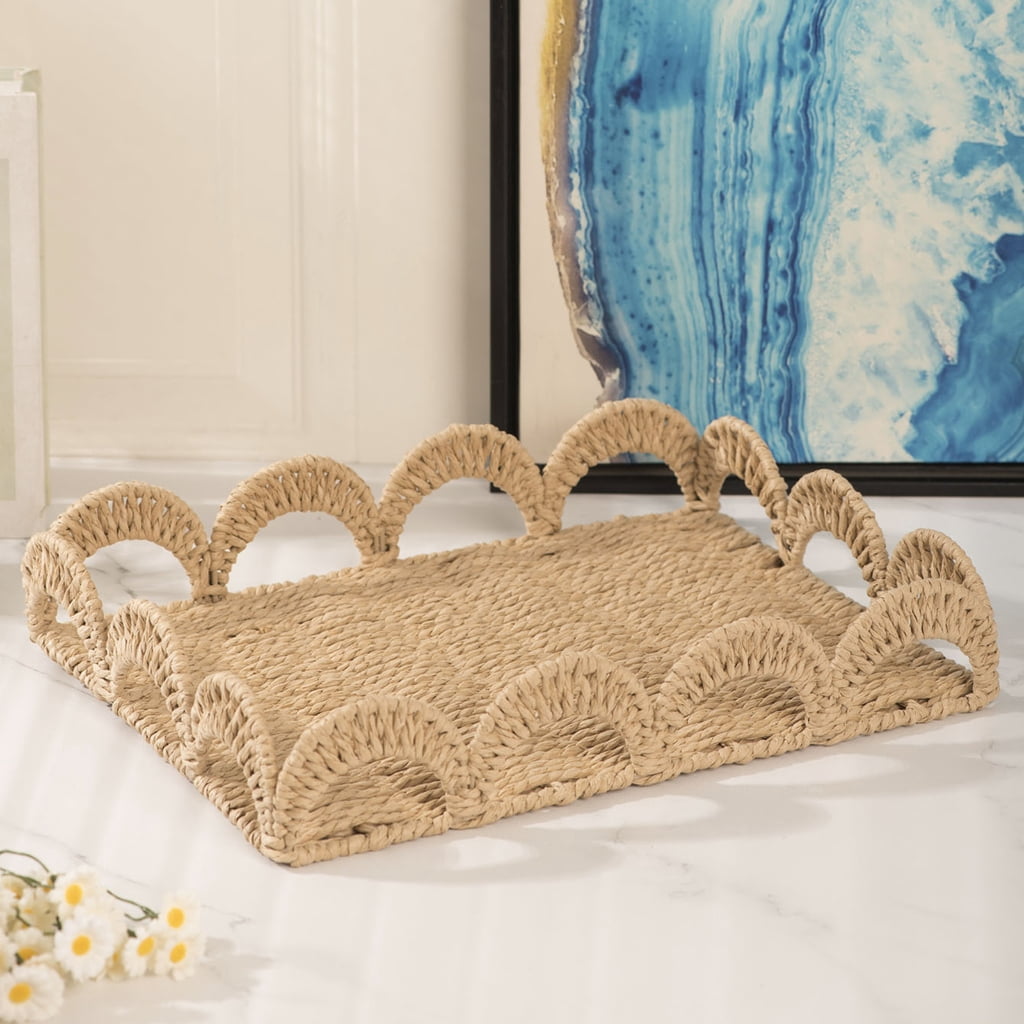 Zeiwohndc Handwoven Paper Rope Desk Organiser Natural Rattan Storage Tray for Desktop