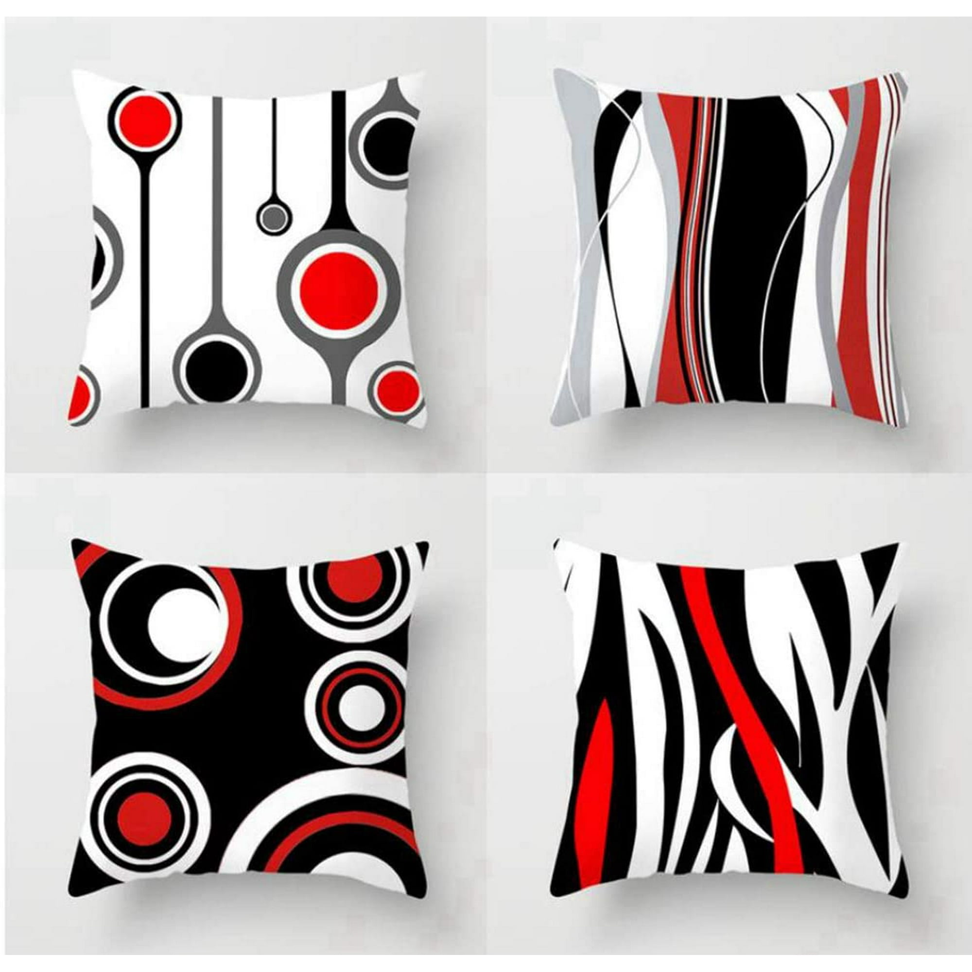 Cinhao Set Of 4 Throw Pillow Covers 18x18 Inches Decorative Cushion Modern Abstract Red Black White And Grey Wavy Vertical Stripes Dot Polyester Pillo