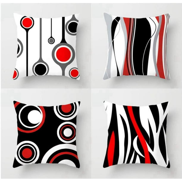 Set of 4 Throw Pillow Covers 18x18 Inches Decorative Cushion Modern Abstract Red Black White and