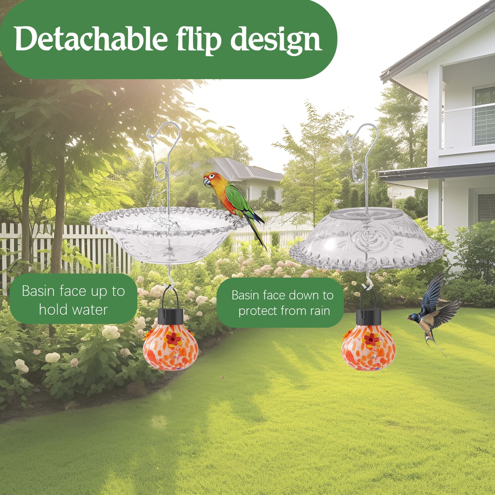EDHITNR Windproof Rainproof Bird Bath, Outdoor Garden Hanging Bird Bath Feeder, Decorative Courtyard Birdbath for Attracting Birds Garden Yard Patio, Gray