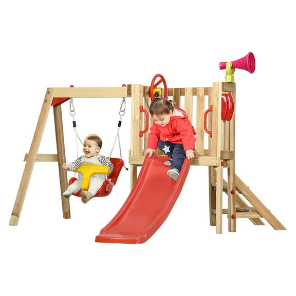 4 in 1 Wooden Set Outdoor Playset with Baby Seat, Toddler Slide, Captain's Wheel, Horn, Kids Backyard Equipment, Ages 1.5-4
