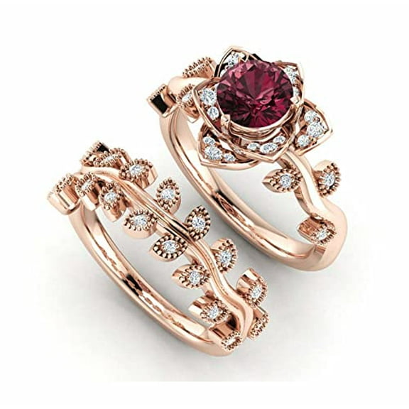 HeartsAndYou 2ct Natural Garnet Diamond Floral Bridal Set Engagement Ring 14k SOLID Rose Gold