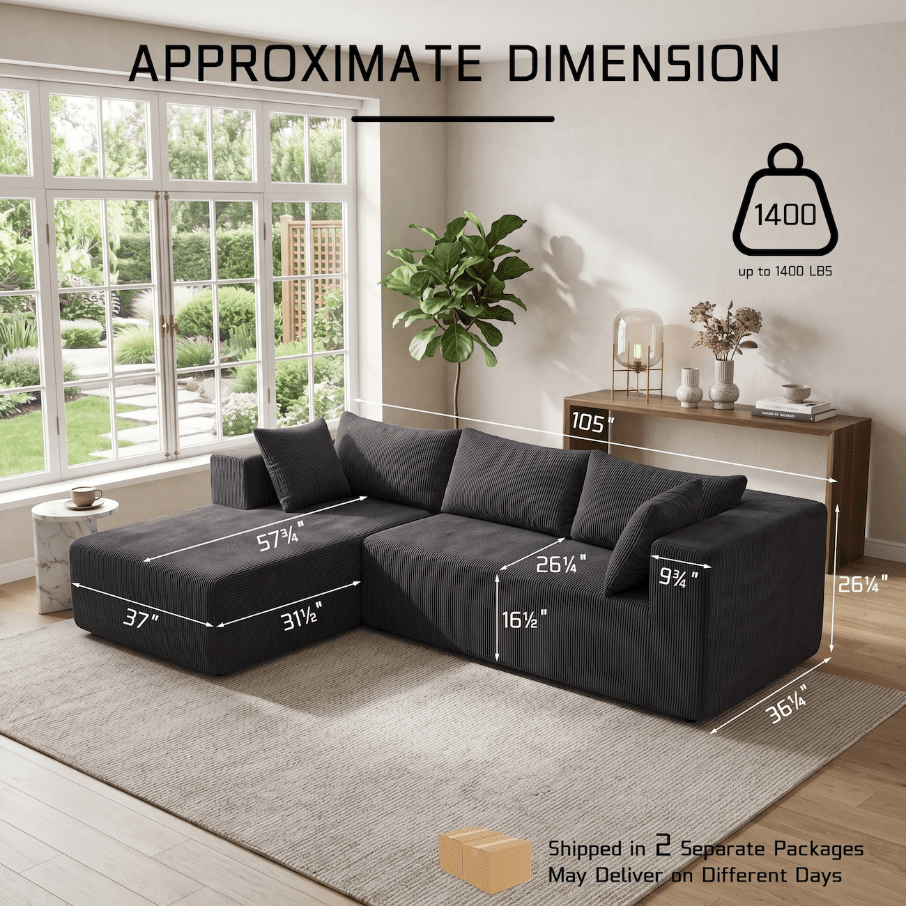 Xiweot 105" Modular Sectional Sofa, Cloud Couch with Chaise, Boneless Corduroy L Shaped Couch, No Assembly Deep Seat Sectional Sofa for Living Room Apartment (Square Right Chaise)