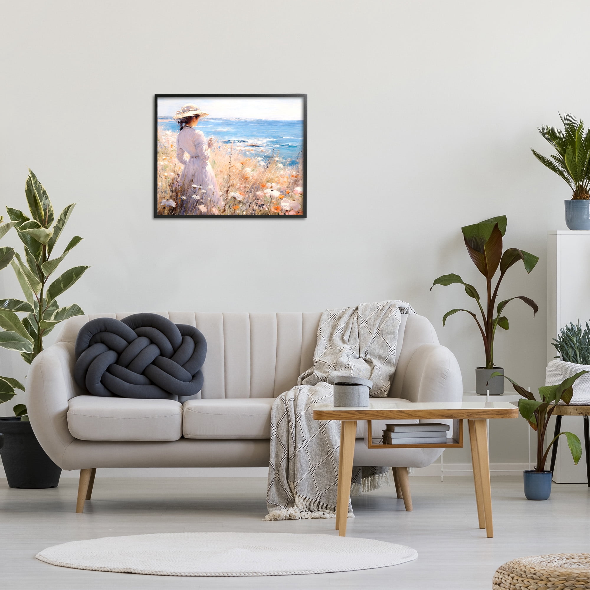Stupell Industries Classic Woman by Shore Landscape Painting Black Framed Art Print Wall Art, 30 x 24