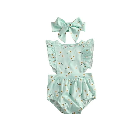

Xiaoluokaixin Baby Girls Two-Piece Set Daisy Print Round Neck Ruffled Sleeves Bow Headband 0-24 Months Daily Wear