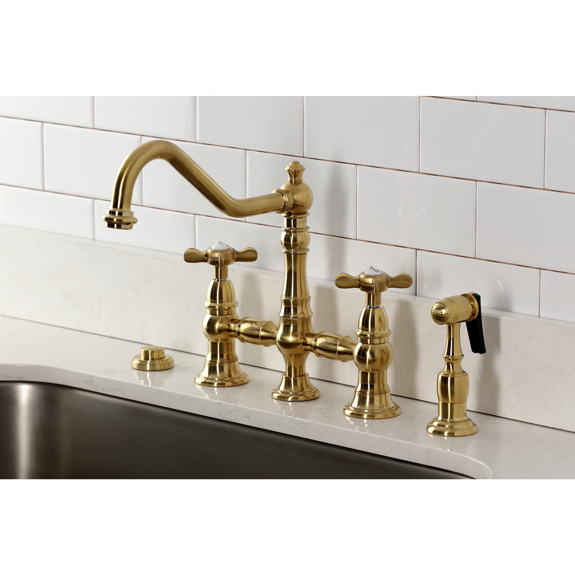 Kingston Brass KS3277BEXBS Essex Two-Handle 4-Hole Deck Mount Bridge Kitchen Faucet with Brass Side Sprayer in Brushed Brass