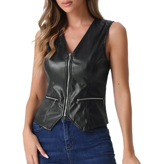 INSPIRE CHIC Women's Faux Leather Waistcoat V Neck Sleeveless Zipper Vintage Vest Jacket XS Black