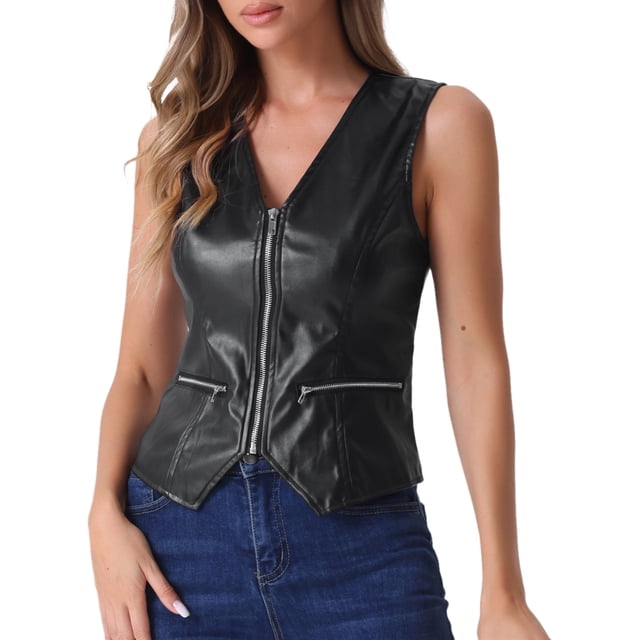 Chaleco sin mangas de cuero sintético para mujer Inspire Chic, con cuello en V, cremallera, estilo vintage, color negro