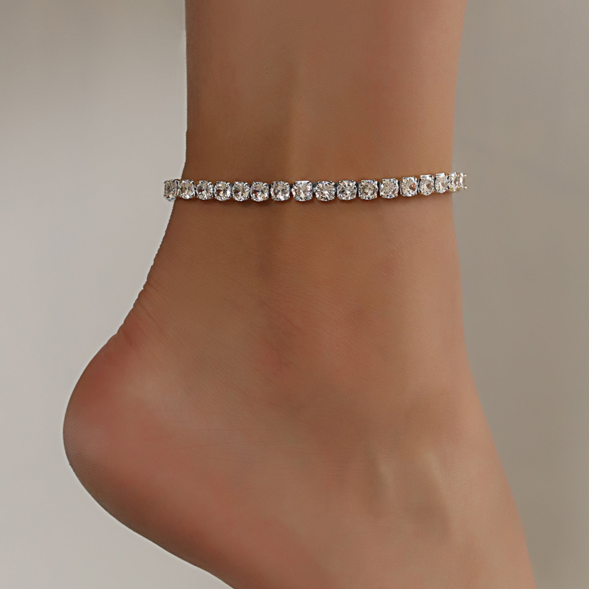 Silver Cubic Zirconia Adjustable Anklet for Women, 7"+2" inch Adjustable Size and Brass Material