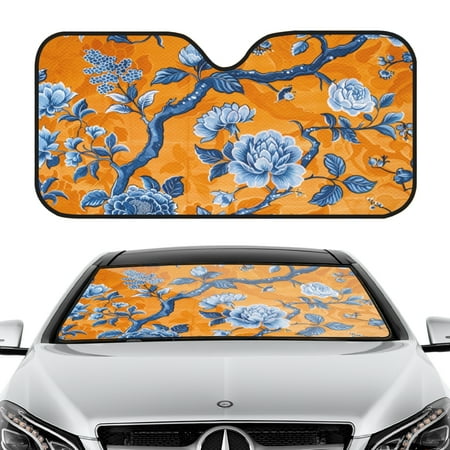 Car Windshield Sun Shade 55x30 Inch UV Protection Sun Visor for Front Window Fits Cars & SUVs-Blue_and_white_pattern_with_orange_background