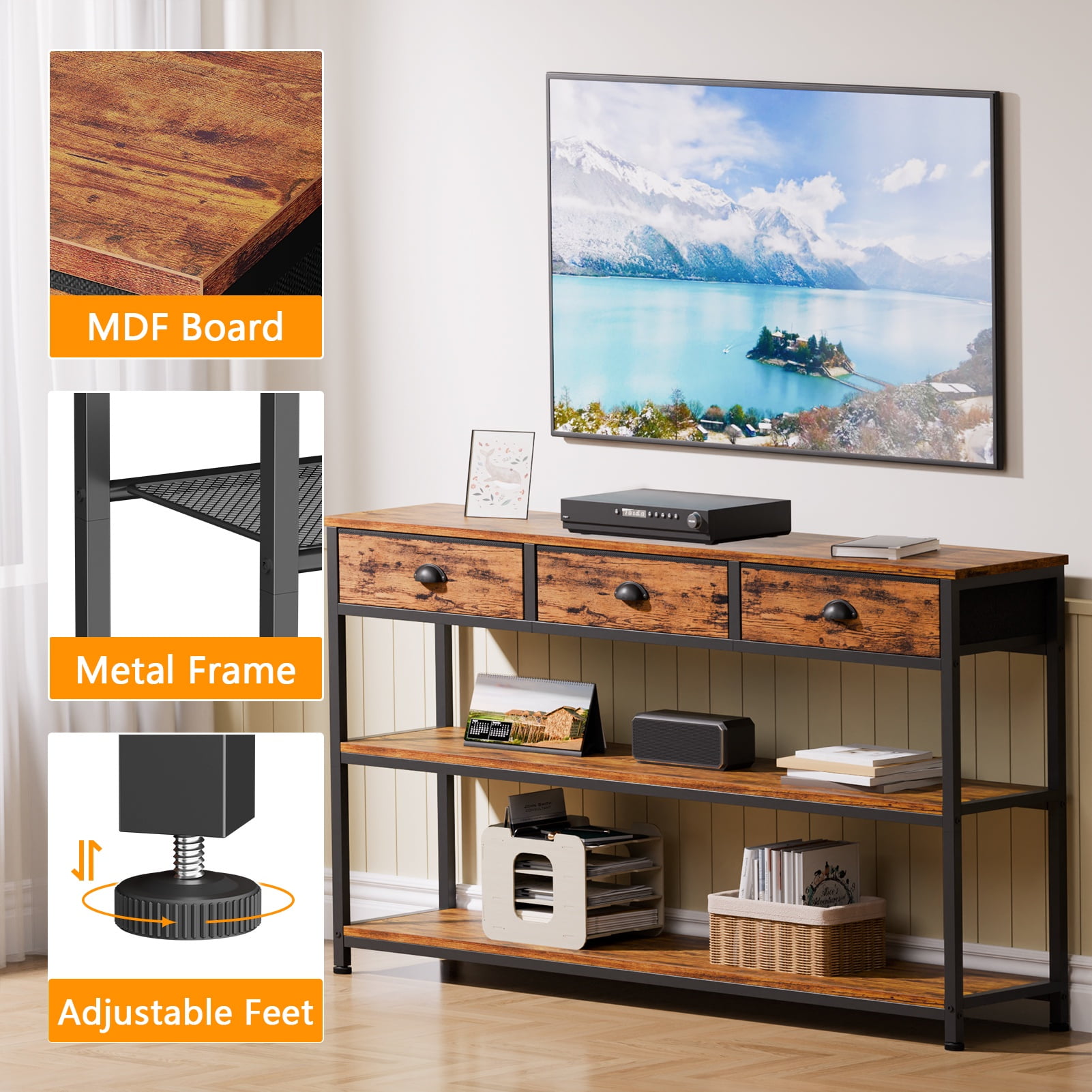 Satifur 47" Entryway Table with 3 Fabric Drawers, Console Table Metal Frame Sofa Table with 2 Shelves for Living Room and Hallway,Brown